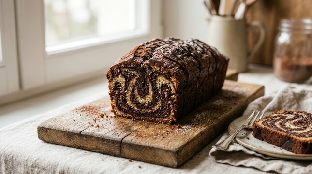 Delicious marbled chocolate loaf cake resting on a rustic wooden board, ready to be sliced and enjoyed.