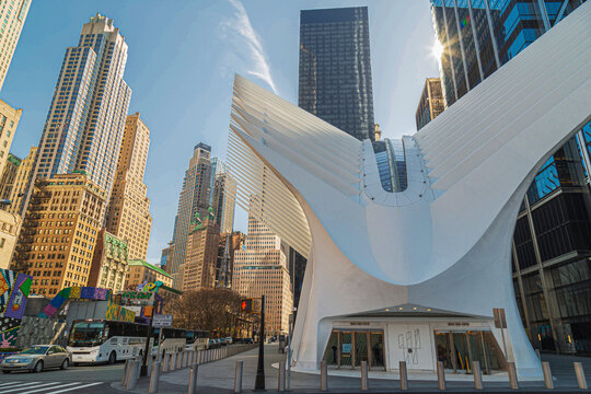 New York,USA-March 9,2020:Street image at the One World Trade Center Transportation Hub,(Westfield World Trade Center) known as the Oculus.Intersection of Fulton St with Greenwich St, Lower Manhattan.