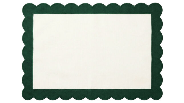 Natural linen fabric label with dark green scalloped border on a transparent background