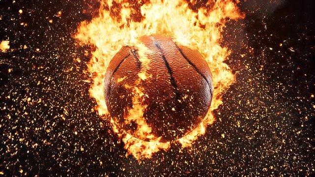Rotating orange basketball ball in burning fire flames on dark background. Sport equipment as loopable 4K video background.