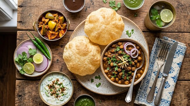 Delicious Indian chole bhature meal served with refreshing mint chutney and raita on a rustic wooden table