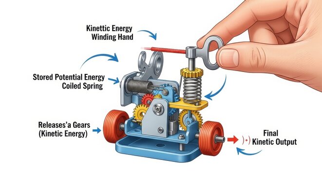 Hand Demonstrating Kinetic Energy Conversion with Coiled Spring Toy Mechanism