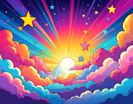 A vibrant, cartoonish illustration showing a colorful sky with radiating light bursts, puffy clouds, and floating stars