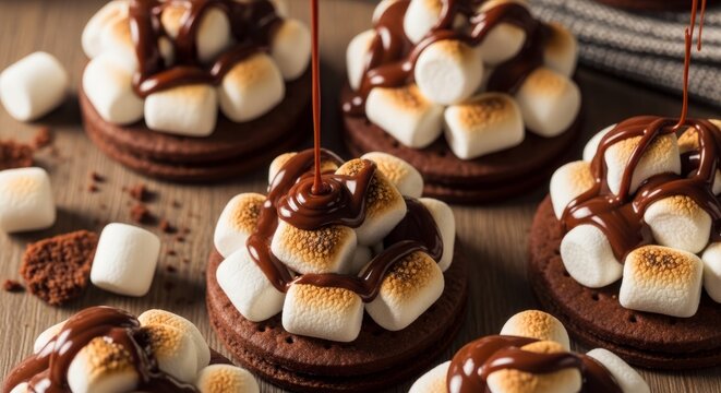 Decadent chocolate cookies topped with toasted marshmallows and drizzled with warm fudge sauce