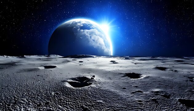Mesmerizing panorama of Earth rising above the moon's cratered surface, bathed in the brilliant light of a distant star, a symbol of cosmic discovery and interstellar wonder