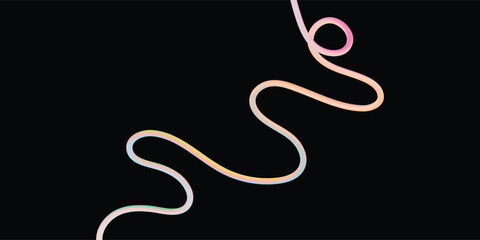 Fototapeta premium Thin flowing wavy line with pastel gradient colors on black background, delicate and elegant abstract design element for creative and artistic graphic projects