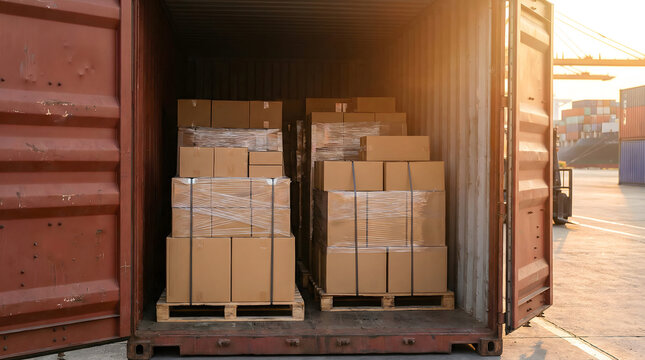 Cargo boxes stacked on pallets inside an open shipping container at port during golden hour