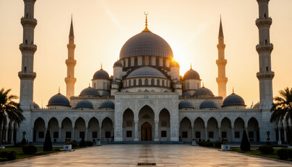 Fototapeta premium A grand mosque architecture features tall minarets and a large dome. The mosque is illuminated by soft sunlight, showcasing intricate designs and surrounding palm trees.