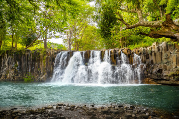 Fototapeta premium Rochester Falls on the island of Mauritius, famous for its unique rectangular basalt rock formations and scenic natural landscape