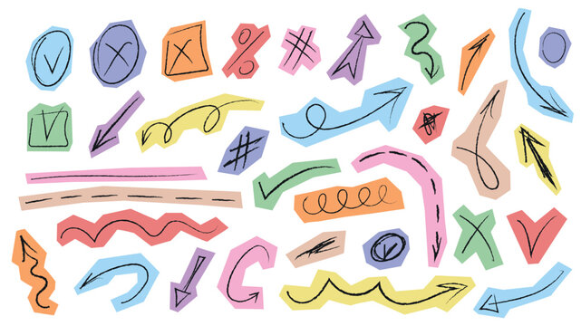 Scrapbook scribble doodle stickers set in scribble grunge design with cutout edges. Bundle with checkmarks, cross, percentage, arrows, curves, circles, pointers, dividers, more. Vector illustration