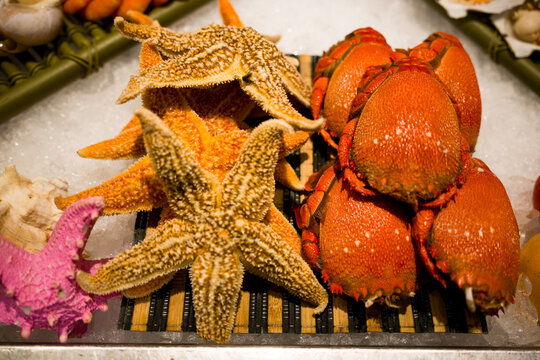Fresh starfish and crabs displayed on ice at a seafood market stall