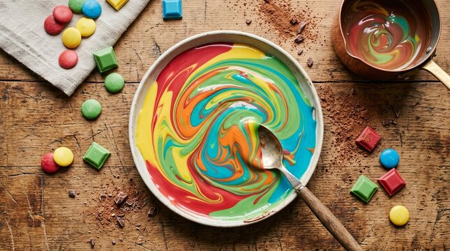 Vibrant rainbow colors swirl into creamy chocolate on rustic wooden table, creating a whimsical dessert.