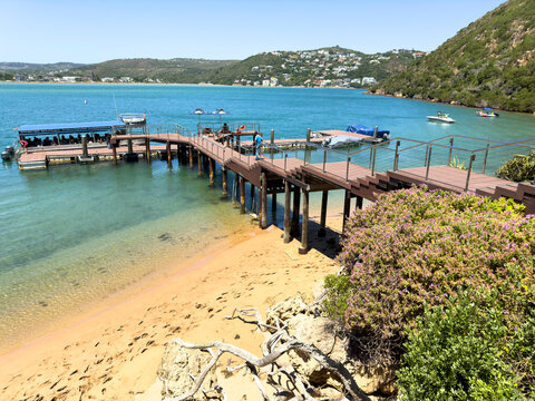 Knysna Featherbed nature reserve.  09.12.2024. A vibrant coastal scene unfolds with a wooden pier extending into calm, clear waters, bordered by a sandy beach and blooming vegetation