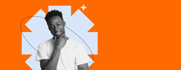 A person stands with a slight smile in a collage. The background features bright colors and abstract shapes. The person is wearing a simple t-shirt and is making a thoughtful gesture with their hand. © Prostock-studio