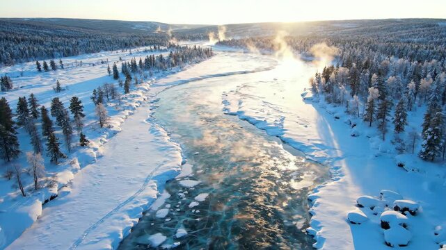 Frozen River Landscape with Snow Covered Trees and Icy Waterway.