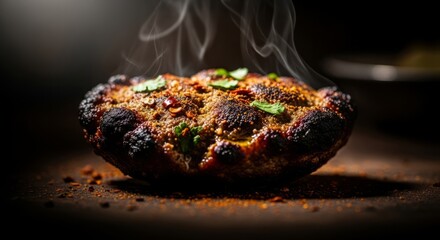 Steaming hot savory flatbread with spices and herbs, freshly baked and delicious.