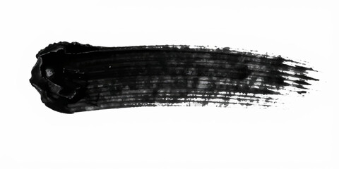 Fototapeta premium Minimalist abstract black ink brush stroke, wide horizontal paint smear, rough textured edges, dry brush effect, grunge paint streak isolated on a clean white background, high contrast, modern design.