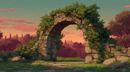 Serene Sunset over a Curved Stone Archway in a Cartoon Landscape