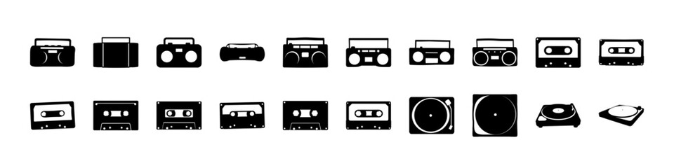 Obraz premium Retro Media Cassette and Tape Icons Set - Black silhouette icon collection featuring cassette tapes, tape players, reels, and retro audio media symbols isolated on white background.
