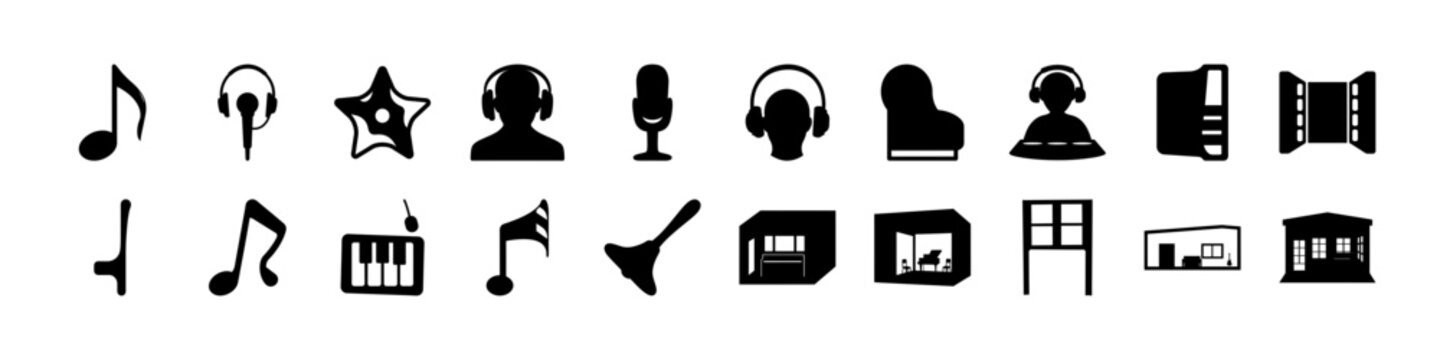 Music and Media Symbol Silhouette Icon Set - Black silhouette icon collection featuring music notes, microphones, headphones, stars, cameras, and media symbols for audio and entertainment design.