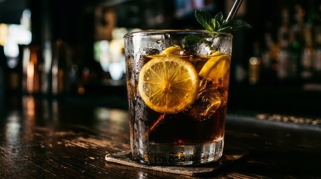Refreshing dark cocktail with lemon and mint garnish on a bar counter