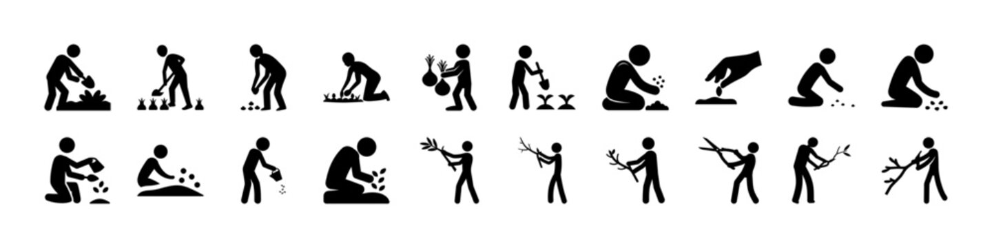 Human Evolution Silhouette Stages Icon Set - Black silhouette icon collection showing stages of human evolution and physical activities from primitive ancestors to modern human movement.