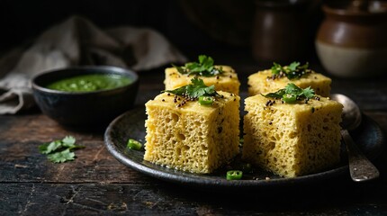Delicious savory chickpea flour cakes garnished with fresh herbs and spices, served with green chutney.