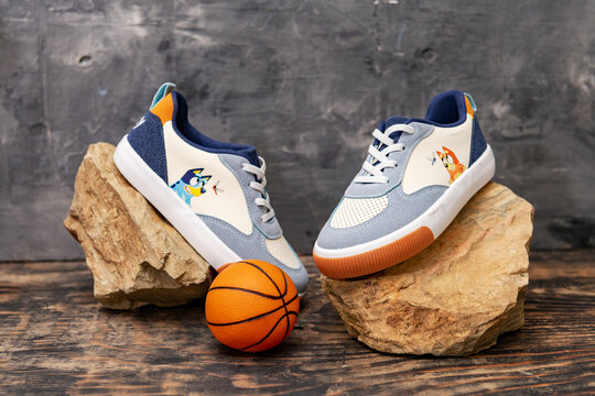 Pair of Bluey and Bingo cartoon sneakers kids footwear product display on rocks