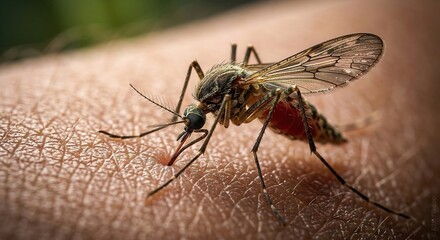 Macro closeup tiger mosquito aedes albopictus biting human arm skin, detailed translucent wings legs red body, green blurred nature background vector warning.