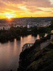 Fototapeta premium sunset over the old city in the evening. panoramic view of Prague