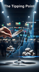 Fototapeta premium Hand placing a feather on an imbalanced scale with rocks, illustrating the tipping point concept in a financial market setting with a momentum graph
