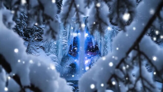 Frozen Waterfall in Snowy Forest with Blue Lighting.