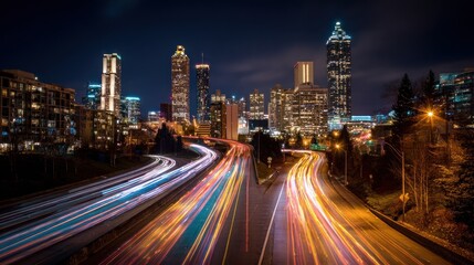 Fototapeta premium Nighttime cityscape with illuminated skyscrapers and blurred vehicle trails
