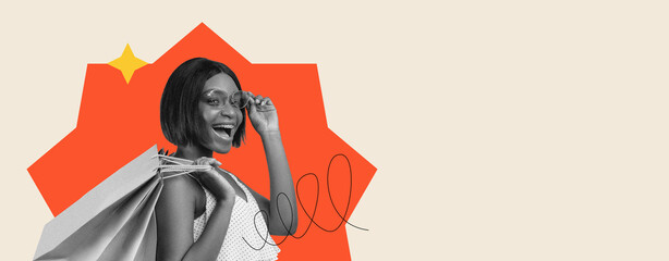 A woman stands with a bright background. She wears sunglasses and holds shopping bags. Her smile shows joy. The collage style adds colors and shapes, creating a lively look. © Prostock-studio