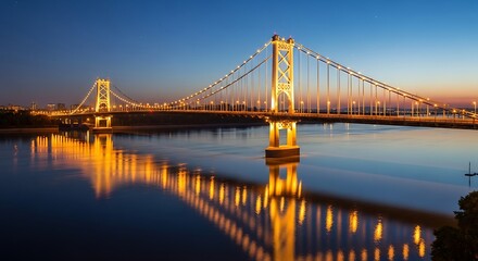 Fototapeta premium Stunning Night View of the Delaware Memorial Bridge Reflecting in the River.