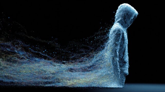 Abstract hooded figure dissolving into particles on a black background