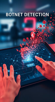 Human hands interact with a digital tablet displaying botnet detection concept, network data, and exploding red virus fragments