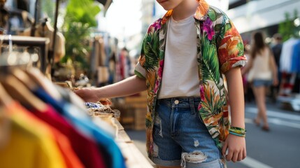 Obraz premium Youthful Fashion in Bright Tropical Print Shirt at Outdoor Market Scene