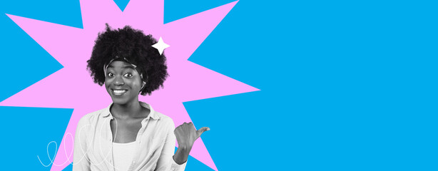 A woman with an afro hairstyle stands in front of a bright blue background. She points to the side with a smile and has a playful expression. The collage includes vibrant colors and shapes around her. © Prostock-studio