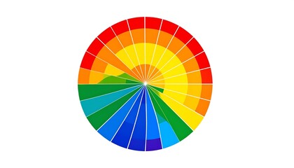 Obraz premium A vibrant circular design, radiating colors of the rainbow. Geometric segments create a sunburst effect, against a stark white background