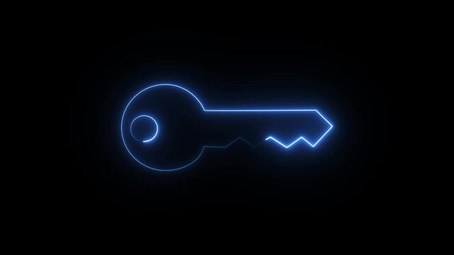 Neon blue key icon animation with glowing light effect on a black background for a security concept