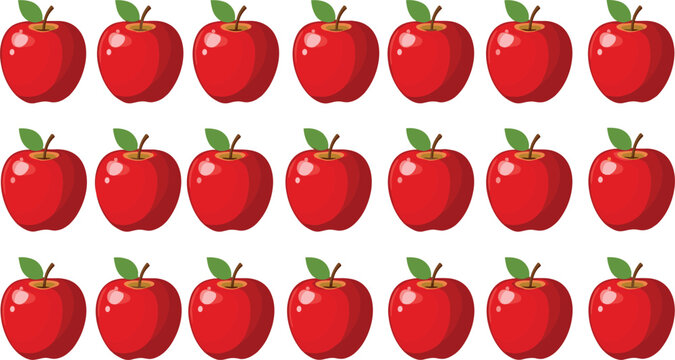Red apple icon pattern. Cute glossy apples with green leaves arranged in rows. Fresh fruit vector background for packaging, textile, wallpaper and food design.