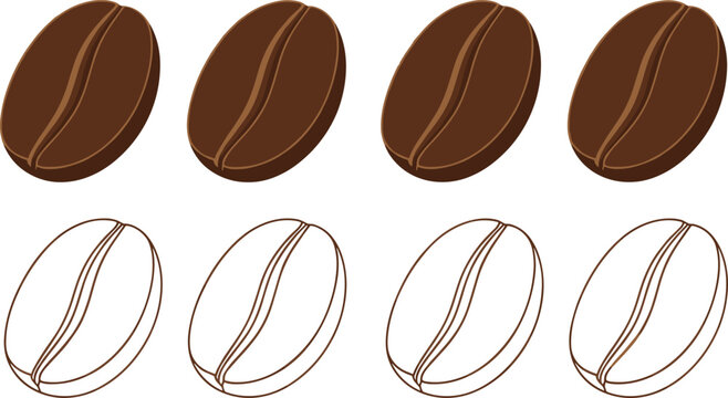 Coffee bean icon set. Roasted coffee beans and outline beans in simple cartoon style. Minimal coffee ingredient vector collection for cafe branding, menu, packaging.