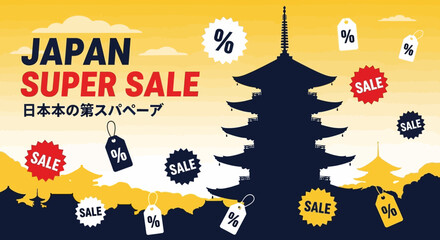 Obraz premium Japan Super Sale Banner with Pagoda and Sale Tags