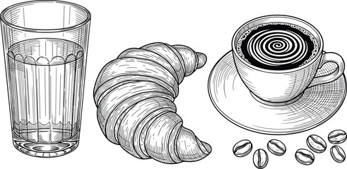 Coffee and croissant breakfast set. Hand drawn cup of coffee, pastry croissant, water glass and coffee beans. Vintage cafe sketch illustration for menu design. © HELEN QUEEN