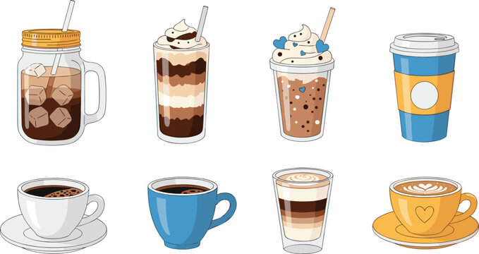Coffee drinks icon set. Latte, cappuccino, iced coffee, frappe and takeaway cup illustrations. Cute cafe beverage collection for coffee shop menu design.