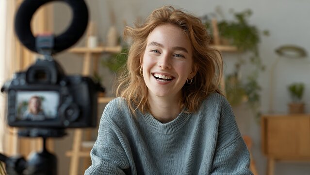 Young female content creator recording vlog video at home studio with camera and ring light social media influencer lifestyle