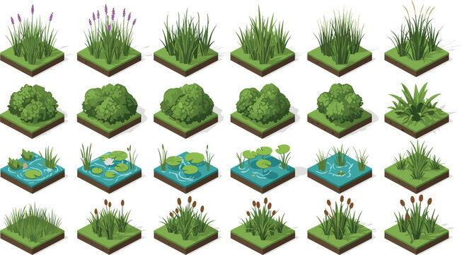 Isometric landscape tiles set with green bushes, swamp plants, water lilies, and lavender on grass blocks vector illustration.
