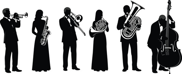Orchestra jazz band musicians set, solid icon vector illustrations of classical wind and string instrument players. © VactorZone