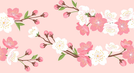 Fototapeta premium Pink and White Cherry Blossom Branches on Soft Pink Background - Spring Floral Pattern